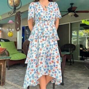 Draper James RSVP Smocked Waist Tiered Floral Midi Dress Sz XL Hi Lo Bell Sleeve